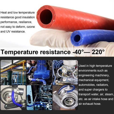 Red and blue reinforced silicone vacuum heater hoses, temperature resistance -40 to 220 degrees, shown with engines and machinery.