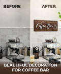 Cozy Coffee Bar Wall Sign For Kitchen And Cafe Decor Vintage Farmhouse Cafe Sign above coffee station before and after display