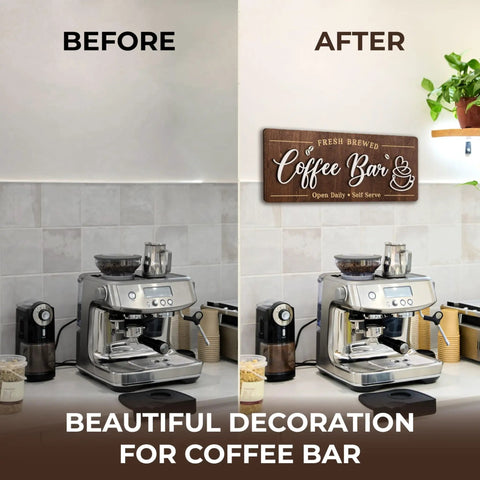 Cozy Coffee Bar Wall Sign For Kitchen And Cafe Decor Vintage Farmhouse Cafe Sign above coffee station before and after display