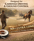 Two Pack 30 Foot Horse Driving Lines For Cart Training And Ground Driving, cotton web lines, trainer and horse in field