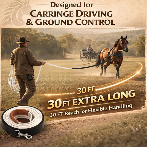 Two Pack 30 Foot Horse Driving Lines For Cart Training And Ground Driving, cotton web lines, trainer and horse in field