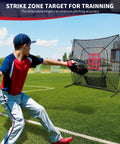 7x7 Ft Baseball And Softball Practice Net With Bow Frame shown in use on a grass field for batting hitting and pitching practice.