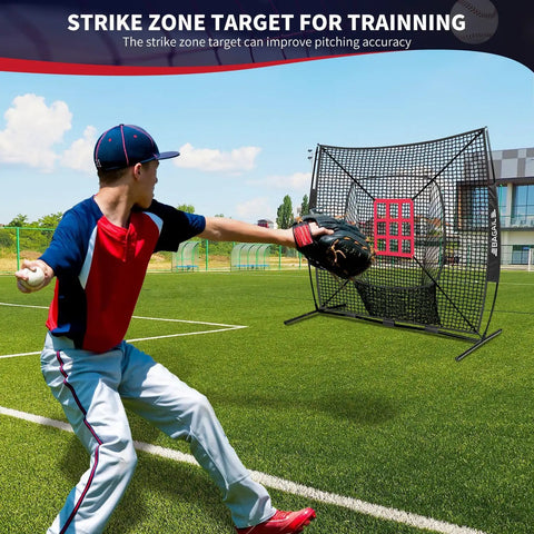 7x7 Ft Baseball And Softball Practice Net With Bow Frame shown in use on a grass field for batting hitting and pitching practice.