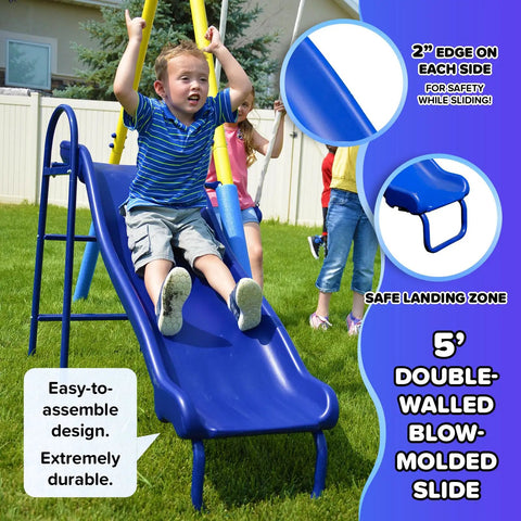 Child sliding down the blue slide of My First Metal Swing Set With Slide For Up To 4 Kids, Heavy Duty 2 Inch Steel Frame, Outdoor Backyard Playset.
