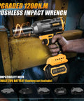 Half Inch Cordless Impact Wrench With Brushless Motor 1200 Nm Torque 900 ft lb Battery Compatible 20V in use on machinery