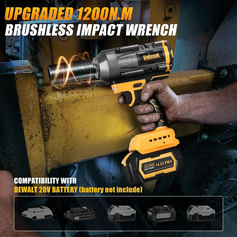 Half Inch Cordless Impact Wrench With Brushless Motor 1200 Nm Torque 900 ft lb Battery Compatible 20V in use on machinery