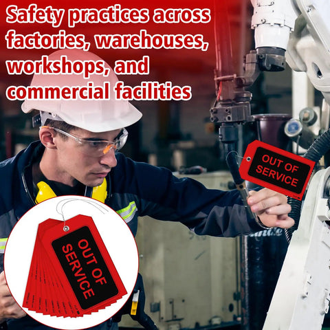Rock Solid Waterproof Red Out Of Service Tags Bundle With Sturdy Tie Cords And Long Lasting Marking Pen being used by worker in safety gear.