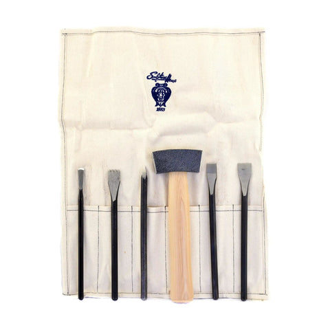 Beginner Friendly Stone Carving Kit With Hand Forged 6 Piece Tools Includes Tooth Chisel Point Chisel Two Flat Chisels Rondel And One And A Half Pound Hammer Stored In A Canvas Roll For Easy Transport And Quick Access.