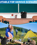 Kick Hassle Free Cleaning With This Slick Portable Hand Wash Station And Pump Soap Dispenser Featuring A Roomy Two Point Six Gallon Tank Perfect For Tailgates Campsites Job Sites Or Road Trips To Keep Your Crew Fresh On The Fly, showing a black hand wash station at a campsite and classroom.