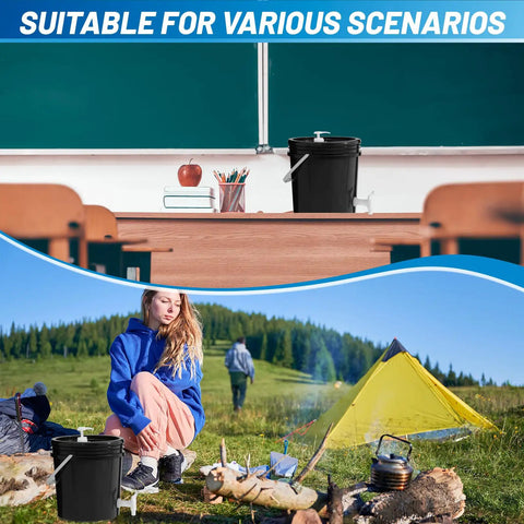 Kick Hassle Free Cleaning With This Slick Portable Hand Wash Station And Pump Soap Dispenser Featuring A Roomy Two Point Six Gallon Tank Perfect For Tailgates Campsites Job Sites Or Road Trips To Keep Your Crew Fresh On The Fly, showing a black hand wash station at a campsite and classroom.