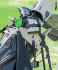 BagStack Gear Hub Starter Pack Magnetic Golf Gear Organizer with landing pad holding towel, brush, and rangefinder on golf bag