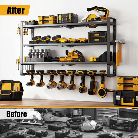 Large Power Tool Organizer Wall Mount 4 Tier Heavy Duty Metal Storage Rack Holds 400lbs With 8 Cordless Drill Holders in garage