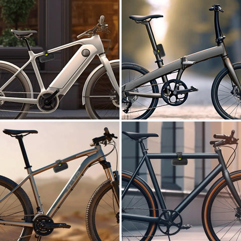 Collage of bicycles with Must Have Portable Bike Tool Kit 14-In-1 Bicycle Repair Capsule attached near the center frame.