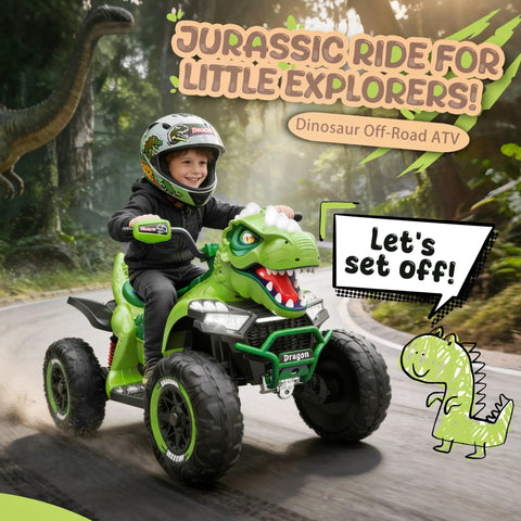 Child riding 24V Dinosaur Ride On ATV For Kids Aged 4 To 8 That Is Totally Rad With Dual 200W Motors, green dinosaur design