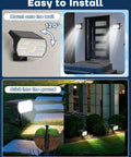 Outdoor Solar Lights IP68 Waterproof With 56 LEDs Dusk To Dawn 3 Brightness Modes showing wall and ground installation options