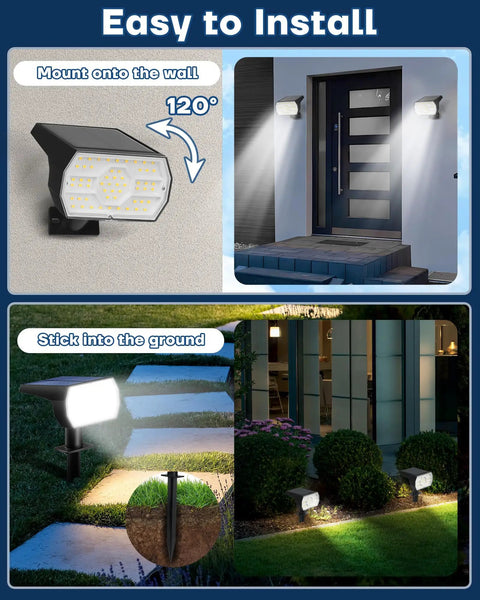 Outdoor Solar Lights IP68 Waterproof With 56 LEDs Dusk To Dawn 3 Brightness Modes showing wall and ground installation options