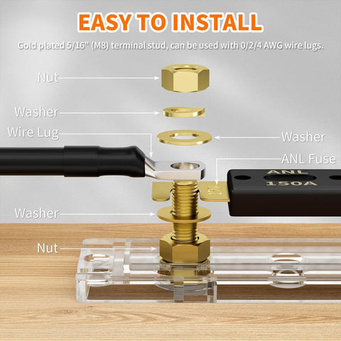 Heavy Duty 150 Amp ANL Fuse Holder Kit With 150A ANL Fuse Clear View Fuse Block 0 2 4 Gauge For Car Audio System, assembly view.