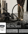 Heavy Duty Industrial Wet Dry Vacuum With Dual Motors 3.3 HP Delivers 222 CFM And 76 Inch Water Lift 27 Inch Squeegee 120V 20A Plug 2 Year Warranty Ideal For Construction Sites Warehouses And Tough Cleanup, shown with star filter