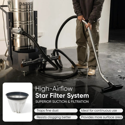 Heavy Duty Industrial Wet Dry Vacuum With Dual Motors 3.3 HP Delivers 222 CFM And 76 Inch Water Lift 27 Inch Squeegee 120V 20A Plug 2 Year Warranty Ideal For Construction Sites Warehouses And Tough Cleanup, shown with star filter