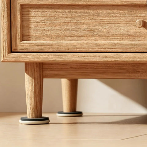Close-up of heavy duty furniture sliders under a wooden cabinet, showing 3.5 inch plastic movers on tile floor.