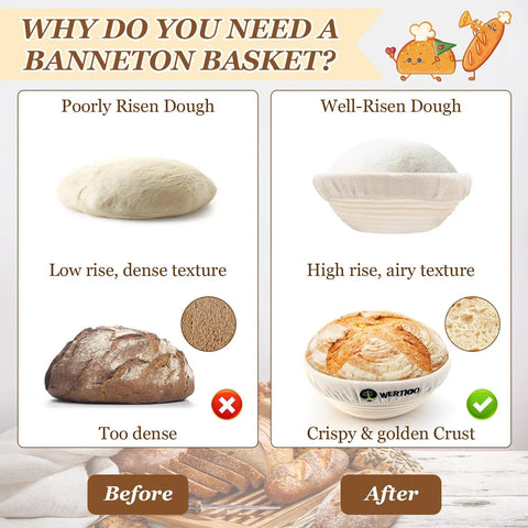 Comparison of poorly risen dough and well-risen dough using Pro Grade Sourdough Starter Kit With 2 9 Inch Round Banneton Proofing Baskets
