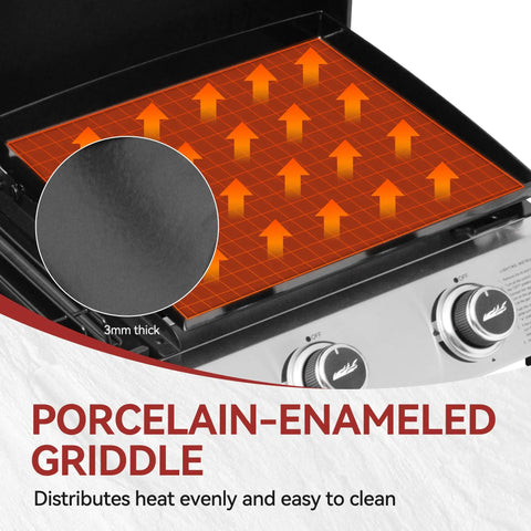 Three Burner Propane Grill And Griddle Combo With Lid showing porcelain-enameled griddle and heat distribution