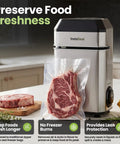 Upright Food Vacuum Sealer For Meal Prep And Bulk Buys Keeps Freshness Eight Times Longer With A 60 Kpa Seal next to sealed steak