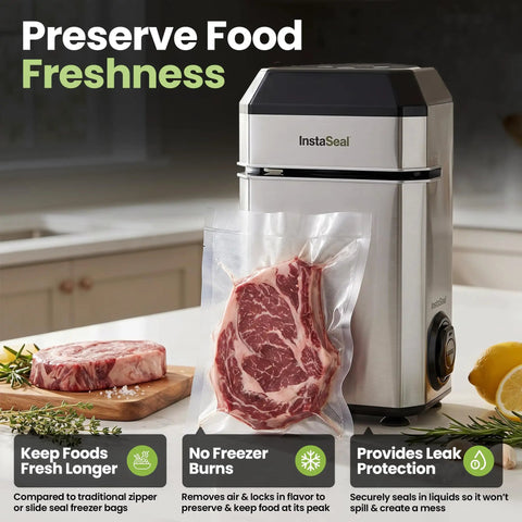 Upright Food Vacuum Sealer For Meal Prep And Bulk Buys Keeps Freshness Eight Times Longer With A 60 Kpa Seal next to sealed steak