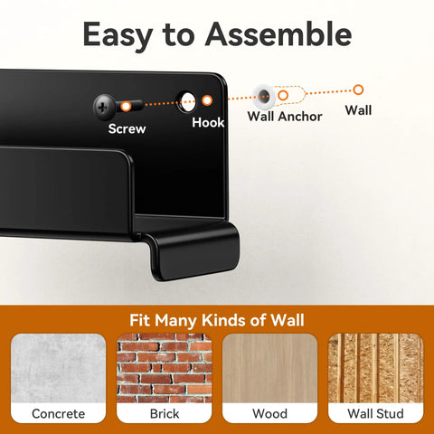 Diagram showing assembly and mounting options for Heavy Duty Ladder Wall Hooks 2 Pack Garage Storage Hangers for various wall types.