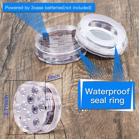 Color Changing Submersible LED Lights With Remote Battery Operated Decor showing waterproof seal ring and battery compartment