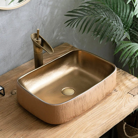 SDVantage Gold Rectangle Bathroom Vessel Sink, Ceramic Countertop Basin Sink Retro Industrial Style for M, Hand-carved texture, 32*48*14C.