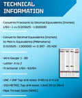 Technical information details for No Mess 11X17 Magnetic Tap Drill Chart Loaded With Inch And Metric Threads, Decimals, Letter Number Fractional Bits.