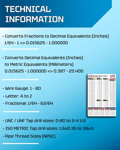 Technical information details for No Mess 11X17 Magnetic Tap Drill Chart Loaded With Inch And Metric Threads, Decimals, Letter Number Fractional Bits.