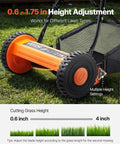 Manual Push Reel Lawn Mower With 14 Inch Cutting Width And Five Blades For Precise Trim Adjustable Height From 0.6 To 1.75 Inches Walk Behind Mower With Grass Catcher Bag, showing height adjustment on lawn