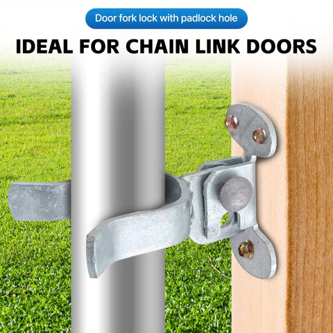 Heavy Duty Wall Mount Chain Link Gate Latch For Metal Fences, DIY Friendly, Easy Install On Wood Frames Or Walls, Galvanized Steel Construction With Padlock Hole, Built To Last Outdoor Gate Latch, 1 Pack shown installed on wood with padlock option.