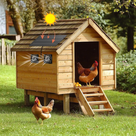 Chicken coop with Solar Powered Fan Kit 12.6 Inch IPX7 Weatherproof with 15W solar panel on rooftop for ventilation