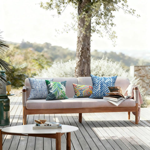 Outdoor Indoor Throw Pillows 2 Piece Set With Cozy Plush Inserts 18 By 18 Inch Square Pebble Blue All Weather Fabric on patio sofa