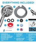 5 Inch 9 Mode Handheld Shower Head With High Pressure Jet On Off Pause Button Waterfall Setting Rain Mist And Massage Modes Premium ABS Removable Hose Gold Finish with included accessories