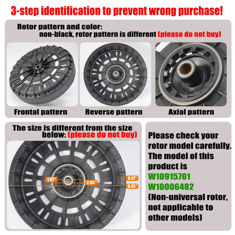 Black 9.45 Inch Washer Rotor Replacement For Kenmore And Whirlpool Machines W10006482 W10915701 Motor Rotor Washing Machine Assembly No Fuss Install Durable OEM Alternative, front view
