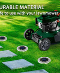 12 LED Solar Ground Lights Waterproof In Ground Disk Pathway Lights for Yard Garden Lawn Patio Walkway Pool 8 Pack shown with lawnmower