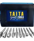 Ten Piece Carbide Burr Set With 0.25 Inch Shank Tungsten Double Cut Rotary Die Grinder Bits and rugged storage case in focus.