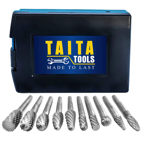 Ten Piece Carbide Burr Set With 0.25 Inch Shank Tungsten Double Cut Rotary Die Grinder Bits and rugged storage case in focus.