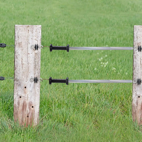 Two Pack Electric Fence Gate Kit With Spring Handles And Screw In Ring Insulators 16Ft Retractable Tension Spring setup