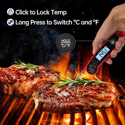 Digital Meat Thermometer For Cooking With Instant Read In Under One Second And Nine Tenths Fahrenheit Accuracy With Thermocouple Sensor IP67 Waterproof No Fuss Auto Rotating Display Auto Wake Up Red measuring steak on grill