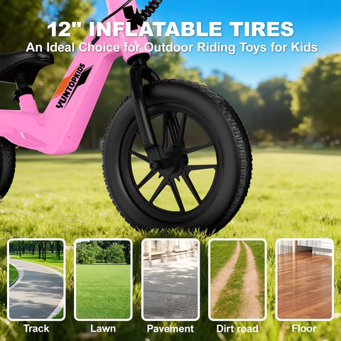 Kid-Friendly Electric Balance Bike For Ages 3 To 5 With 12 Inch Pneumatic Tires, 180W Motor, Top Speed 9.3 MPH, Safe Kick-To-Start, 3 Speed Modes, LCD Display, Quick Charge, LED Lights, Pink with 12-inch tires for track, lawn, pavement, dirt road, and floor