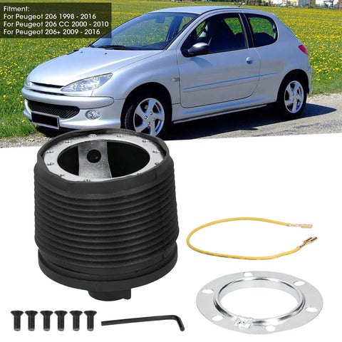 Aluminum 6 Bolt Steering Wheel Hub Adapter for Peugeot 206 1998 2016 with installation tools shown in foreground.