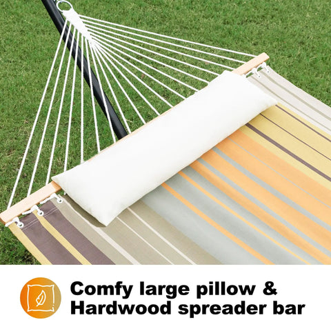 Waterproof Double Hammock With Stand For Outdoor Hangout Heavy Duty Two Person 55 Inch Quick Dry Textilene Hammock With Hardwood Spreader Bar Pillow And Pockets 475 Lb Capacity Coffee showing close-up of pillow and spreader bar