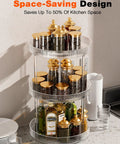 3 Tier Lazy Susan Bathroom Countertop Organizer With 360 Degree Rotating Clear Tray displaying spices and oils on kitchen counter