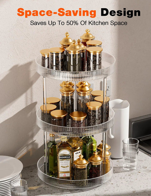 3 Tier Lazy Susan Bathroom Countertop Organizer With 360 Degree Rotating Clear Tray displaying spices and oils on kitchen counter