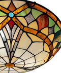 Close-up of Tiffany Style 3 Light Ceiling Fixture, 16 Inch Stained Glass Flush Mount For Bedroom, Dining Room, Living Room, Entryway And Foyer, Vintage Colored Glass Ceiling Light For Cozy Home Ambience with intricate design.